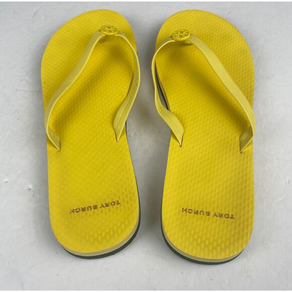 Tory Burch Womens sz 9 M Mini Minnie Flip Flop Thong Firefly Yellow Logo Sandals - Picture 8 of 9